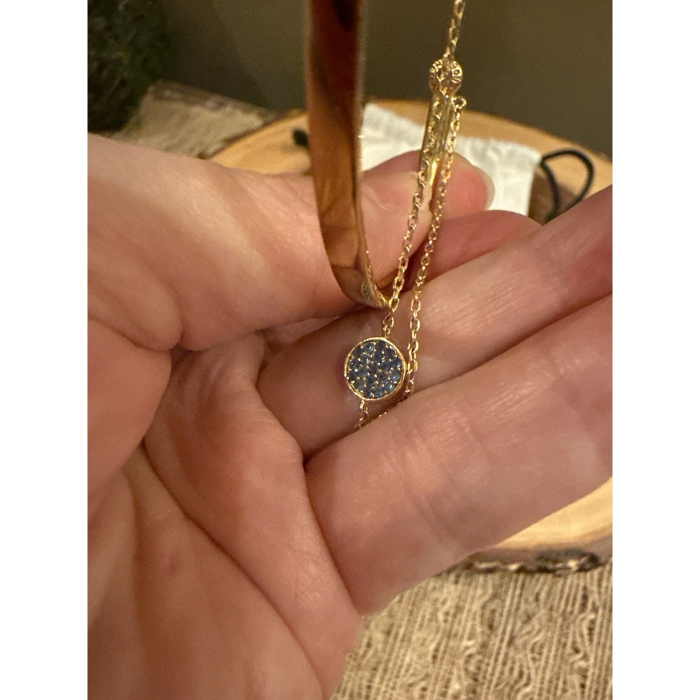 Henri bendel Gold Plated Petite Bangle Bracelet Blue Crystal Charm Safety Clasp - Picture 6 of 6